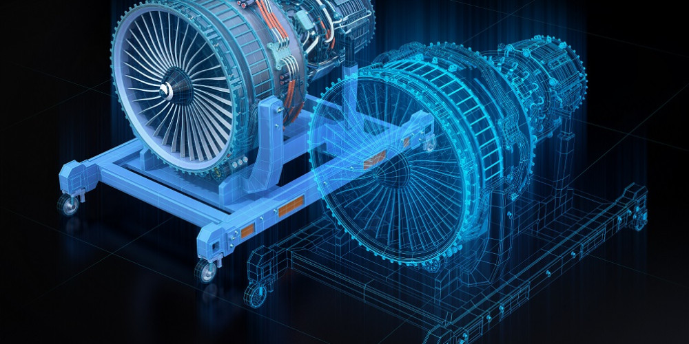 Wireframe rendering of turbojet engine and mirrored physical body on black background. Digital twin concept. 3D rendering image.