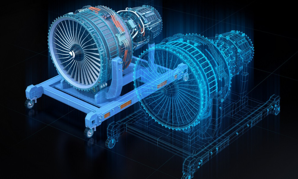 Wireframe rendering of turbojet engine and mirrored physical body on black background. Digital twin concept. 3D rendering image.