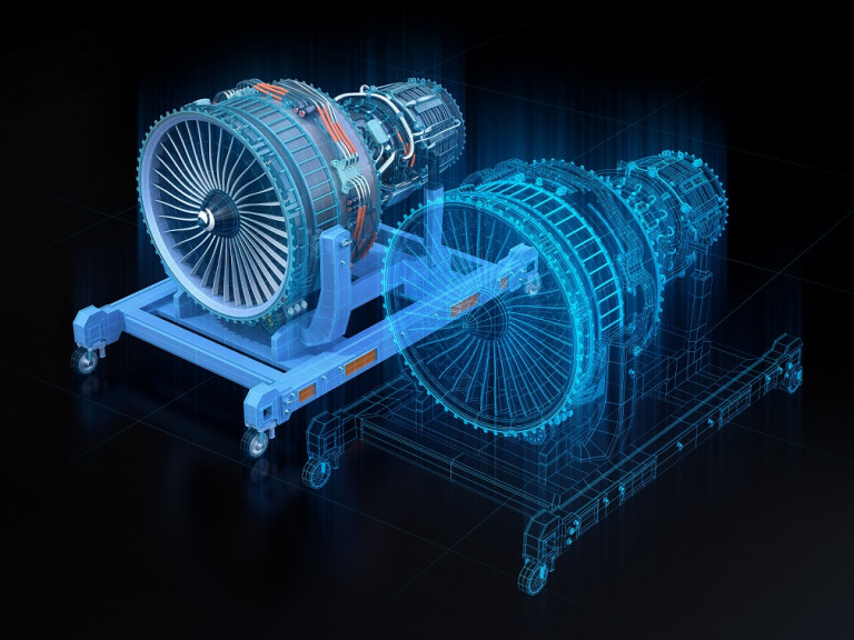 Wireframe rendering of turbojet engine and mirrored physical body on black background. Digital twin concept. 3D rendering image.